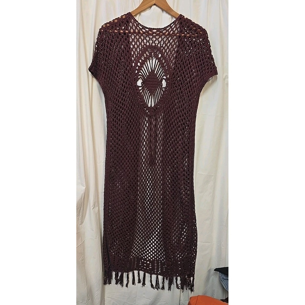 Indigo Thread Co ~ Maroon Crochet Long Sleeveless Cardigan Boho Cottagecore M - Picture 5 of 10